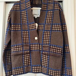 NVLT Women's Houndstooth Plaid Blazer in Brown and Blue